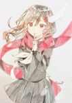  1girl artist_name black_serafuku black_skirt brown_hair closed_mouth colored_pencil_(medium) commentary cowboy_shot enpera finger_to_mouth floating_scarf hair_between_eyes hair_ornament hairclip hand_up highres index_finger_raised kagerou_project light_smile long_hair long_scarf long_sleeves looking_at_viewer mekakucity_actors neckerchief pleated_skirt red_eyes red_scarf scarf school_uniform serafuku shushing skirt solo tateyama_ayano traditional_media wakakusa_momo white_background white_neckerchief 