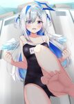  1girl absurdres amane_kanata angel_wings bare_shoulders barefoot black_one-piece_swimsuit blue_eyes blue_hair blurry blurry_background blush bow breasts clenched_hands collarbone colored_inner_hair commentary_request feathered_wings feet foreshortening grey_hair hair_bow hair_ornament hair_over_one_eye hairclip halo highres hololive kamesys knee_up locker locker_room long_hair looking_at_viewer mini_wings multicolored_hair name_tag one-piece_swimsuit open_mouth parted_bangs pink_hair school_swimsuit shiny_skin sidelocks single_hair_intake small_breasts soles solo standing standing_on_one_leg star_halo streaked_hair swept_bangs swimsuit thighs toes two_side_up virtual_youtuber wings 