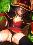  1girl after_sex after_vaginal asymmetrical_legwear bandaged_leg bandages belt black_cape black_panties brown_hair cape cum cum_in_pussy cum_overflow day dress eyepatch facial flat_chest hat highres kono_subarashii_sekai_ni_shukufuku_wo! megumin mismatched_legwear outdoors panties rbx_lamen red_dress red_eyes short_hair_with_long_locks solo spread_legs staff tongue tongue_out underwear witch_hat 