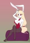  absurd_res anthro areola areola_slip big_breasts blush breasts bunny_costume cleavage clothed clothing costume crossed_legs cuffs_(clothing) female hi_res lagomorph legwear leporid mammal necktie pantyhose rabbit scorpdk sitting solo 