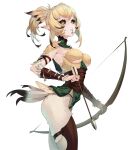  1girl absurdres arrow_(projectile) bird_girl bird_tail black_hair black_sclera blonde_hair bow_(weapon) breasts colored_sclera commentary facial_tattoo feathers from_side gemi_ningen gradient_hair highres holding holding_arrow holding_bow_(weapon) holding_weapon looking_at_viewer medium_breasts monster_girl multicolored_hair original parted_lips pointy_ears ponytail solo symbol-only_commentary tail tattoo teeth weapon white_background yellow_eyes yellow_feathers 