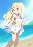  1girl beach bikini blonde_hair blunt_bangs blush closed_mouth cloud cloudy_sky day green_eyes highres long_hair looking_at_viewer marie_(marie_cookie222) midriff navel ocean pokemon sky smile standing swimsuit white_bikini 