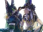  2boys absurdres animal_ear_fluff animal_ears asymmetrical_sleeves black_gloves black_hair blush cyno_(genshin_impact) earrings fox_boy fox_ears genshin_impact gloves grabbing green_eyes green_hair grey_hair hashtag_only_commentary headpiece highres jackal_ears jewelry kam_om3 male_focus medal multicolored_clothes multicolored_gloves multicolored_hair multiple_boys orange_eyes orange_gloves simple_background single_earring sitting tan tighnari_(genshin_impact) white_background 