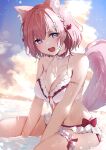  1girl absurdres animal_ear_fluff animal_ears bare_shoulders bikini blush breasts cleavage fang hair_ornament hakui_koyori hexagon_hair_ornament highres hololive large_breasts looking_at_viewer mikaku open_mouth pink_hair purple_eyes short_hair smile solo swimsuit tail virtual_youtuber white_bikini wolf_ears wolf_girl wolf_tail 