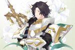  1boy armor black_gloves black_hair closed_mouth fire_emblem fire_emblem_engage flower gloves hand_on_own_chin holding holding_weapon looking_away louis_(fire_emblem) mikami short_hair shoulder_armor simple_background solo weapon yellow_eyes 