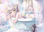  1girl :o ass bath bathing bathroom bathtub black_cat blush bubble cat cat_tail commentary_request completely_nude green_eyes holding kohinata_hoshimi long_hair looking_at_viewer nude original parted_lips partially_submerged ponytail rubber_duck sidelocks soap_bubbles solo tail tile_wall tiles water wet 