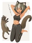  1girl :d animal animal_ear_fluff animal_ears animal_request armpits bare_arms bare_shoulders barefoot batta_(kanzume_quality) black_hair black_pants breasts cleavage commentary_request grey_background grey_hair looking_at_viewer medium_breasts multicolored_hair navel original pants simple_background smile solo streaked_hair tail translation_request two-tone_background white_background 