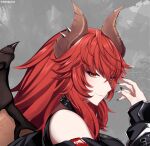  1girl akagi_(sk0127aho) black_nails black_shirt copyright_name dragon_girl dragon_horns dragon_wings highres horns long_hair looking_at_viewer nail_polish official_art red_hair shirt sleeveless sleeveless_shirt smile solo virtual_youtuber vshojo wings zentreya zentreya_(dragon) zentreya_(dragon)_(3rd_costume) 