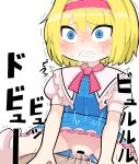  1boy 1girl alice_margatroid bar_censor blonde_hair blue_dress blue_eyes blush bow bowtie breasts censored clenched_teeth clothed_sex commentary cookie_(touhou) cowboy_shot cum cum_in_pussy cum_overflow dress ejaculation frilled_dress frilled_sash frills hairband hetero hospital_king ichigo_(cookie) medium_bangs open_mouth penis pink_bow pink_bowtie pink_hairband pink_sash pov pussy sash sex short_hair simple_background small_breasts solo_focus teeth touhou vaginal white_background 
