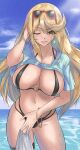  1girl ;p absurdres adjusting_hair bikini black_bikini blue_shirt blue_sky bracelet breasts calmgreentori cleavage clothes_lift cloud commentary cowboy_shot earrings english_commentary eyewear_on_head groin halterneck hand_in_own_hair highres jewelry large_breasts looking_at_viewer mythra_(xenoblade) navel o-ring o-ring_bikini one_eye_closed outdoors shirt shirt_lift sky solo star_(symbol) star_earrings string_bikini sunglasses swimsuit thigh_strap tongue tongue_out xenoblade_chronicles_(series) xenoblade_chronicles_2 yellow_eyes 