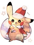  :d animal_focus artist_name bag colored_skin commentary_request dot_nose hanabusaoekaki hat holding holding_bag no_humans pikachu pokemon pokemon_(creature) santa_hat simple_background smile solid_oval_eyes solo star_(symbol) tail white_background yellow_skin 