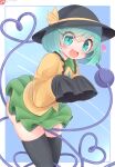  1girl absurdres black_headwear black_thighhighs blush buttons commentary_request diamond_button eyeball feet_out_of_frame frilled_shirt_collar frilled_sleeves frills green_eyes green_hair green_skirt hair_between_eyes harunoha hat hat_ribbon heart heart_of_string highres koishi_day komeiji_koishi long_bangs long_sleeves looking_at_viewer medium_hair miniskirt open_mouth ribbon shirt skirt sleeves_past_fingers sleeves_past_wrists smile solo swept_bangs thighhighs third_eye touhou translation_request wide_sleeves yellow_ribbon yellow_shirt 