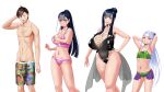  1boy 3girls :d armpit_hair armpits arms_behind_head bare_shoulders bikini black_hair black_one-piece_swimsuit blue_eyes blunt_bangs blush breasts brown_hair bulge cleavage commentary_request covering covering_breasts female_pubic_hair hair_bun hand_on_own_hip highres jewelry kmvt long_hair looking_at_viewer male_pubic_hair male_swimwear mature_female mole mole_under_eye multiple_girls navel one-piece_swimsuit original parted_lips pink_bikini ponytail pubic_hair pubic_hair_peek purple_eyes ring simple_background single_hair_bun smile sweatdrop swim_trunks swimsuit wedding_ring white_background white_hair 