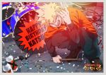  1boy \n/ arm_on_knee bakugou_katsuki birthday black_shirt blonde_hair bloom blurry blurry_background boku_no_hero_academia border bottle cable character_name chromatic_aberration collared_shirt confetti dated depth_of_field drum drum_set drumsticks full_body furrowed_brow green_pants grey_border hair_between_eyes hand_up happy happy_birthday highres holding holding_drumsticks instrument leaning_forward looking_at_viewer looking_to_the_side male_focus nikaidou_iroha open_cuffs open_mouth orange_shirt pants photo_background print_shirt red_eyes sanpaku segment_display shirt short_hair smile soft_focus solo spiked_hair squatting streamers tile_floor tiles turning_head twitter_username undershirt v-shaped_eyebrows water_bottle x 