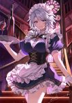  1girl apron blue_dress blue_eyes bow braid brooch cowboy_shot dress enoki_3106 frilled_apron frilled_dress frills gloves green_bow grey_hair hair_bow highres indoors izayoi_sakuya jewelry maid maid_apron maid_day maid_headdress open_mouth puffy_short_sleeves puffy_sleeves shirt short_hair short_sleeves signature smile solo touhou twin_braids waist_apron white_apron white_gloves white_shirt 