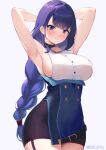  1girl ako_(blue_archive) ako_(blue_archive)_(cosplay) armpits bell blue_archive breasts cosplay crossover genshin_impact highres large_breasts long_hair looking_at_viewer mole mole_under_eye neck_bell purple_eyes purple_hair raiden_shogun sideboob solo 