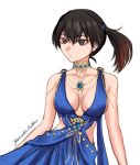  1girl alternate_costume artist_name azur_lane bare_shoulders blue_dress breasts brown_eyes brown_hair choker cleavage closed_mouth commentary_request cosplay cowboy_shot dress jewelry kaga_(azur_lane) kaga_(azur_lane)_(cosplay) kaga_(kancolle) kantai_collection large_breasts looking_at_viewer midriff_peek necklace one-hour_drawing_challenge ponytail rekka_yamato short_hair simple_background solo white_background 