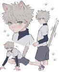  1boy absurdres animal_ear_fluff animal_ears ankle_boots aqua_eyes arm_support blush boots cat_boy cat_ears cat_tail expressive_tail fingernails fish grey_hair grey_shorts hands_on_ground highres hunter_x_hunter kemonomimi_mode killua_zoldyck layered_sleeves long_sleeves looking_at_viewer male_focus motion_lines mouth_hold multiple_views outstretched_leg oysi_mysi paw_pose profile purple_footwear sharp_fingernails short_hair short_over_long_sleeves short_sleeves shorts sideways_glance simple_background squatting surprised sweat tail tail_raised turtleneck v-neck white_background 