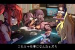  6+girls absurdres ags-30_(girls&#039;_frontline) animal_ears arms_on_table black_gloves blonde_hair blue_eyes blue_skirt brown_hair cat_ears chair commentary_request couch cup cz75_(girls&#039;_frontline) drinking_glass faceplant fingerless_gloves g41_(girls&#039;_frontline) girls&#039;_frontline glasses gloves hair_between_eyes hair_ornament hair_ribbon hair_tubes hairclip highres holding holding_tray indoors letterboxed llpfmfc long_hair long_sleeves looking_at_viewer looking_to_the_side m14_(girls&#039;_frontline) mechanical_arms mechanical_legs multiple_girls necktie off_shoulder on_table open_mouth orange_juice own_hands_together plate pleated_skirt pointing red-framed_eyewear red_eyes red_hair red_shirt ribbon sailor_collar shirt side_ponytail skirt smile standing sweatdrop table teacup teeth translation_request tray twintails upper_teeth_only white_necktie white_shirt yellow_eyes 