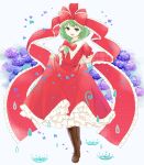  1girl boots bow brown_footwear dress flower frilled_bow frilled_dress frilled_ribbon frills front_ponytail full_body green_eyes green_hair highres kagiyama_hina lifted_by_self long_ribbon puffy_short_sleeves puffy_sleeves red_bow red_dress red_ribbon ribbon short_sleeves smile solo standing touhou user_xycd7758 water_drop 