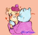  &lt;3 &lt;3_eyes 2023 anthro azulin_(unicorn_wars) bear biped blush cabo_pompon_(unicorn_wars) clothing duo embrace eyes_closed hat headgear headwear hug humanoid_hands kissing lilpetshops mammal one_eye_closed shirt simple_background topwear unicorn_wars 