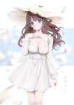  1girl :o absurdres blue_eyes breasts brown_hair character_request cleavage copyright_request dress earrings frilled_dress frills green_ribbon hair_ribbon hand_on_own_chest highres jewelry large_breasts long_hair long_sleeves looking_at_viewer ribbon solo teddyellow underbust white_dress white_headwear wind 