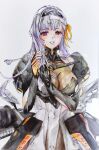  1girl armor bandaged_head bandages black_gloves bodysuit breasts cleavage colored_pencil_(medium) fingerless_gloves full_body gloves goddess_of_victory:_nikke grey_hair hair_ribbon hairband highres lips long_hair looking_at_viewer mecha_musume michikusa_choco modernia_(nikke) red_eyes ribbon see-through_cleavage shoulder_armor skin_tight smile solo traditional_media white_hairband yellow_ribbon 