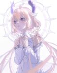  1girl aboutnatsu ahoge blonde_hair detached_sleeves dress enna_alouette flower hair_flower hair_ornament head_wings long_hair low_twintails nijisanji nijisanji_en purple_eyes purple_wings solo twintails very_long_hair virtual_youtuber white_dress white_flower white_sleeves wings 