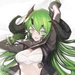  1girl arknights arm_up black_jacket bra breasts close-up dakimakura_(medium) dragon_horns estelle_(arknights) green_eyes green_hair gstiyl highres horns jacket long_hair looking_at_viewer lying medium_breasts on_back open_clothes open_jacket oripathy_lesion_(arknights) parted_lips scar scar_on_face scar_on_nose solo underwear very_long_hair white_bra 