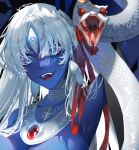 1girl animal armpits blue_eyes blue_skin breasts chest_jewel choker colored_skin earrings fangs fate/grand_order fate_(series) gem jewelry kali_(fate) large_breasts large_earrings neck_ring necklace open_mouth parted_bangs parted_lips red_eyes red_ribbon ribbon shei99 snake teeth third_eye white_hair white_snake 