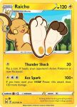  3_toes ambiguous_gender b_bun300 barefoot biped card_edit english_text feet foot_fetish foot_focus generation_1_pokemon mammal nintendo open_mouth pokemon pokemon_(species) pokemon_card raichu rodent smile soles solo tcg_card text toe_curl toes trading_card trading_card_game 