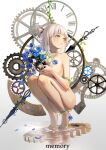  1girl :o absurdres anklet ass barefoot blue_flower breasts camera clock completely_nude dampi flower grey_hair highres holding holding_camera jewelry looking_to_the_side medium_breasts nude one_side_up open_mouth orange_eyes original shiny_skin short_hair solo squatting 