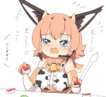  1girl animal_ears animal_print bare_shoulders bell blue_eyes caracal_(kemono_friends) cat_ears cat_girl cat_tail cow_horns cow_print cowbell elbow_gloves extra_ears food gloves horns kemono_friends kemono_friends_v_project lets0020 long_hair microphone orange_hair shirt simple_background sleeveless sleeveless_shirt solo sushi tail tears translation_request upper_body virtual_youtuber 