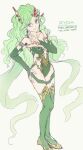  1girl bare_shoulders blue_eyes breasts bridal_gauntlets closed_mouth clothing_cutout earrings final_fantasy final_fantasy_iv final_fantasy_iv:_the_after_years full_body green_leotard green_thighhighs hair_ornament highres jewelry leotard light_green_hair long_hair looking_at_viewer medium_breasts over-kneehighs rydia_(ff4) sa_kichi side_cutout simple_background smile solo standing thighhighs very_long_hair white_background 