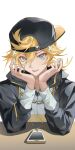  1boy absurdres baseball_cap blonde_hair blue_eyes cellphone chain earphones hair_between_eyes hair_ornament hat highres holding holding_earphones hood hood_down kagamine_len looking_at_viewer male_focus open_mouth phone qiu_xiong_ji_e short_hair simple_background sleeves_past_wrists smartphone smile vocaloid white_background 