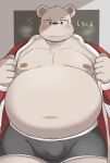 2023 ai_only_dream anthro bear belly big_belly black_nose blush bulge clothing hi_res humanoid_hands japanese_text kemono male mammal moobs navel nipples overweight overweight_male polar_bear solo text underwear ursine 