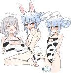  2girls ^_^ animal_ear_fluff animal_ears animal_print bare_back barefoot blue_hair breasts cleavage cleavage_cutout closed_eyes clothing_cutout cow_print double_bun embarrassed flying_sweatdrops from_side gotou_(nekocat) grey_hair hair_bun highres hololive large_breasts looking_at_viewer medium_hair multiple_girls multiple_views one-piece_swimsuit open_mouth orange_eyes rabbit_ears rabbit_girl rabbit_tail shirogane_noel simple_background sitting small_breasts smile standing swimsuit tail thigh_strap usada_pekora virtual_youtuber wariza 