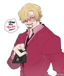  1boy barbie_(franchise) blonde_hair curly_eyebrows english_text goatee_stubble hair_over_one_eye highres incoming_gift looking_at_viewer looking_over_eyewear male_focus mature_male mcbuckwheat mustache_stubble one_piece pink-tinted_eyewear pink_suit sanji_(one_piece) sanpaku short_hair smile solo suit sunglasses ticket tinted_eyewear upper_body 