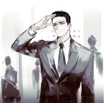  1boy arm_up black_eyes black_hair black_necktie collared_shirt covering_face crowd formal highres limbus_company long_sleeves male_focus meursault_(limbus_company) necktie outdoors project_moon remsrar shirt solo suit upper_body white_background white_shirt wing_collar 