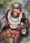  2023 aeschna anthro apron balls brown_body brown_fur choker clothed clothing clothing_lift crossdressing detailed digital_media_(artwork) digital_painting_(artwork) dress dress_lift embarrassed erection fishnet fishnet_legwear frilly frilly_apron frilly_clothing frilly_dress front_view fur genitals glans grey_hair hair humanoid_genitalia humanoid_penis jewelry legwear lingerie looking_at_viewer maid_uniform male mammal mustelid neckband necklace no_underwear otter partially_clothed penis pink_glans river_otter short_hair simple_background sitting solo stockings thigh_highs uniform unwanted_erection 