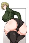  1girl absurdres akina-chan_(umezawa_itte) ass black_panties black_thighhighs breasts cameltoe commentary english_commentary green_hair green_sweater hair_intakes highres huge_breasts looking_at_viewer looking_back open_mouth original owner1657 panties shirt short_hair smile solo striped striped_shirt sweater thighhighs underwear vertical-striped_shirt vertical_stripes 