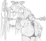  2023 absurd_res anthro belly big_belly clothing hi_res humanoid_hands huynhduyad14 kemono male mammal monochrome moobs nipples overweight overweight_male suid suina sus_(pig) underwear weapon wild_boar 