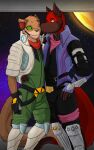  anthro blaze_wolf canid canine canis clothing cosplay costume darknesshaven domestic_cat dress_up duo felid feline felis hi_res jesse_cat kissing_cheek male male/male mammal nintendo posing_for_picture star_fox wolf 