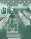  anthro avian bottomless breasts clothed clothing escalator eyes_closed feathers female flinters fur genitals group gryphon hair hi_res lindsey_(tenpoundhammer) mall mythological_avian mythology pussy restricted_palette reverse_gryphon scuted_feet scutes shirt solo_focus tail_feathers topwear 