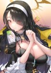  1girl absurdres black_hair blue_archive blush breasts chee_ke clothing_cutout cross hair_over_one_eye halo highres hinata_(blue_archive) large_breasts long_hair looking_at_viewer nun praying red_eyes smile solo yellow_halo 