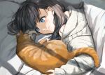  1girl black_hair blue_eyes blush cat closed_mouth commentary_request highres hood hoodie long_hair long_sleeves loungewear lying original shade smile solo soragane_(banisinngurei) sunlight under_covers upper_body white_hoodie 