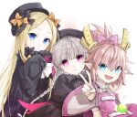  3girls abigail_williams_(fate) apron bare_shoulders beret black_bow black_dress black_headwear blonde_hair blue_eyes bow braid breasts detached_sleeves dragon_girl dragon_horns dragon_tail dress fate/extra fate/grand_order fate_(series) forehead frills grey_hair hair_bow hat high_ponytail horns jewelry kino_kokko kumonryuu_eliza_(fate) long_hair long_sleeves looking_at_viewer multiple_girls necklace nursery_rhyme_(fate) open_mouth orange_bow parted_bangs pink_apron pink_bow pink_hair pink_sleeves pointy_ears puffy_short_sleeves puffy_sleeves purple_eyes ribbed_dress shirt short_sleeves sidelocks sleeveless sleeveless_shirt sleeves_past_fingers sleeves_past_wrists small_breasts smile tail twin_braids v white_shirt wide_sleeves 