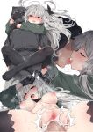  1boy 1girl ahegao arknights black_thighhighs censored cum cum_in_pussy doctor_(arknights) grey_hair hetero highres hug kataokasan kiss leg_lock long_hair missionary mosaic_censoring multiple_views nipples official_alternate_costume skadi_(arknights) thighhighs 