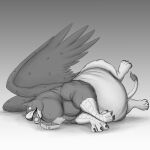  avian beak belly big_belly eating eating_food feral food greyscale gryphon gustav_(clangapomarina) hi_res lying male monochrome muffin mythological_avian mythology on_side overweight overweight_feral overweight_male solo thatgryphonguy tongue tongue_out wings 