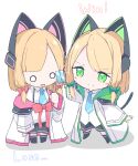  2girls absurdres animal_ear_headphones animal_ears blonde_hair blue_archive cat_ear_headphones chibi closed_mouth commentary_request fake_animal_ears full_body green_eyes headphones highres jam_(jamjam777) midori_(blue_archive) momoi_(blue_archive) multiple_girls o_o shirt siblings sisters smile white_shirt 